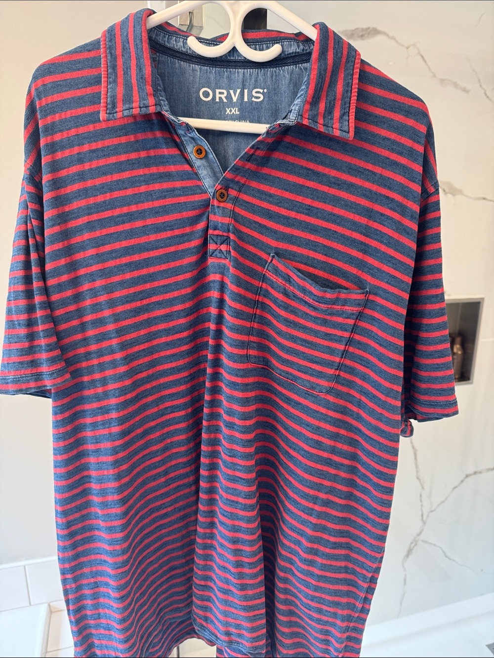 Orvis Men’s Short-Sleeve Polo in Navy & Red Stripes